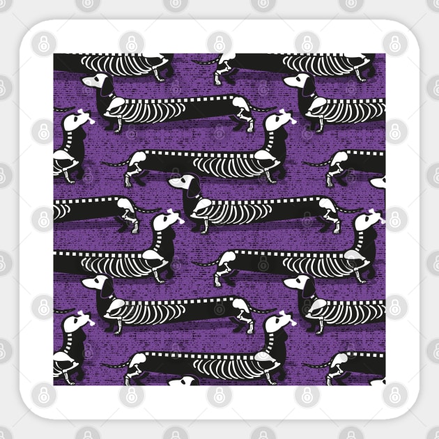 Spooktacular long dachshunds skeleton // pattern // studio purple background and skeleton dogs Sticker by SelmaCardoso